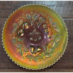 VTG Northwood Three Fruits Green Carnival Glass Bowl Marigold Iridescent